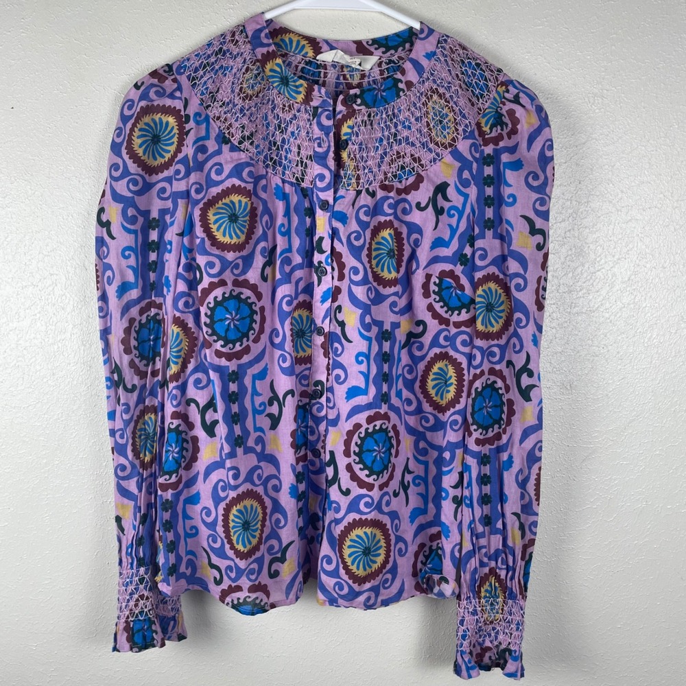 Boden Effie Smocked Blouse Purple Blue Medallion Print Cotton Top US 4